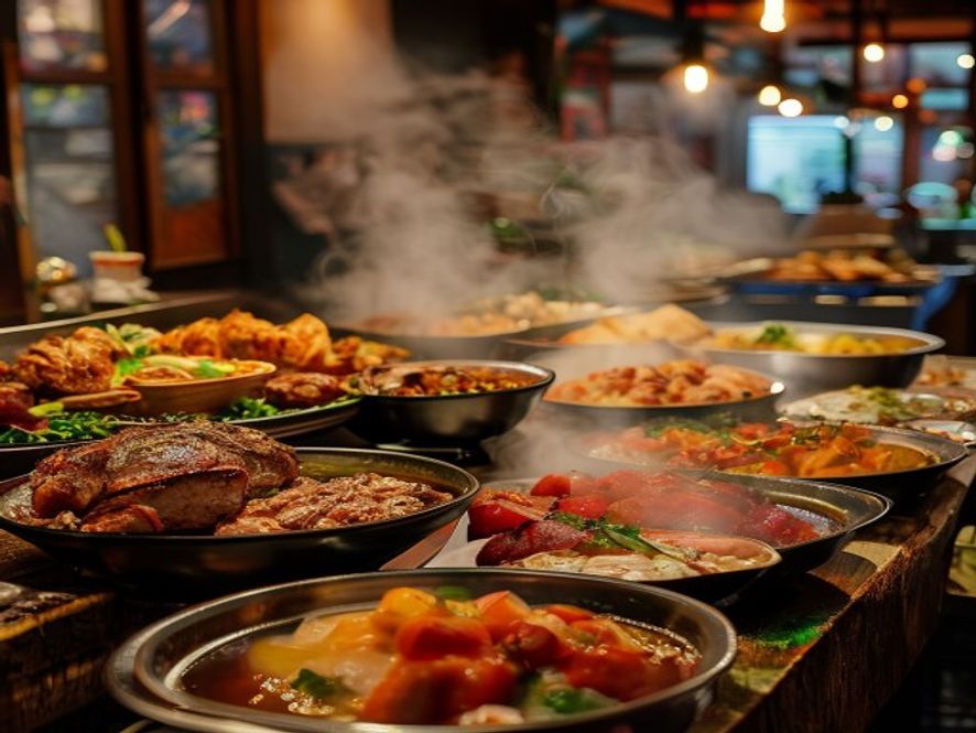 Buffet de almoço e jantar com carnes e caldos na Dona Rosa