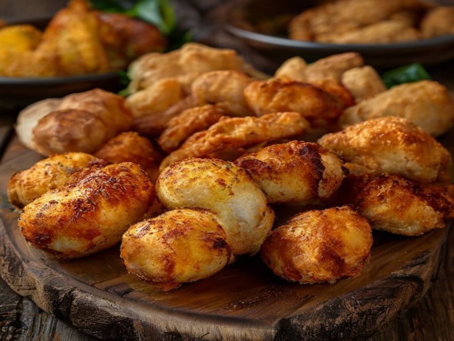 Salgados dourados na tábua de madeira, a famosa coxinha da Dona Rosa